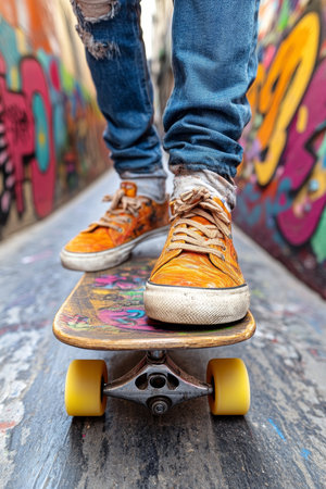 Urban Skateboarding Teen Rides on Skateboard Against Graffiti-Covered Alley Backgroundの素材