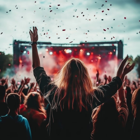 Woman with Raised Arms Enjoys Outdoor Music Festival with a Large Crowd, Stage, and Confettiの素材