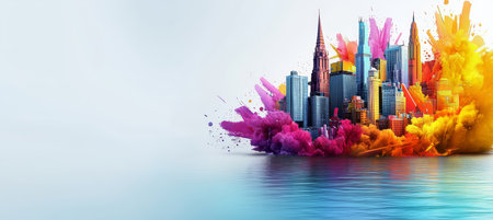 Colorful Explosion of Paint and Buildings, Abstract Cityscape Design with Vibrant Colorsの素材