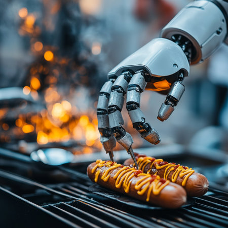 Robot Chef Grilling Hot Dogs with a Futuristic Flair A Glimpse into the Future of Street Foodの素材