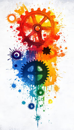 Vibrant bursts of color in a vertical design with gears, representing innovation in manufacturing.の素材