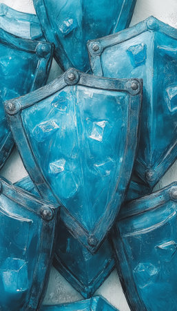 Blue Protection Shields Background, Abstract Illustration Of Safety And Security Conceptの素材
