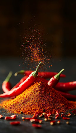 Red Chili Pepper Powder Explosion With Fresh Chilis, Dramatic Lighting, Black Backgroundの素材