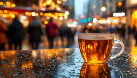 Warm Cup of Tea on a Rainy City Street, Cozy Evening Ambiance, Reflective Surface with Bokeh Lightsの素材