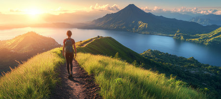 Lone Hiker Conquering Scenic Mountain Trail at Sunrise, Embracing the Beauty of Nature s Paradiseの素材