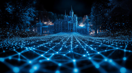 Fairytale Castle Immersed in Glowing Network, Digital Transformation, Technology Conceptの素材