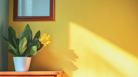 Sunlight Streams Across a Yellow Wall, Illuminating a Vibrant Artificial Flower on a Wooden Tableの素材