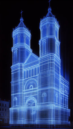 St. Volodymyr s Cathedral, Kyiv, Ukraine, Digital Network Outline, Blue, Architectureの素材