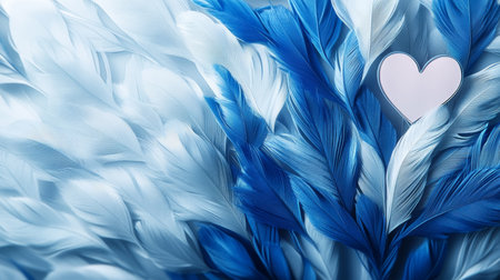 Blue and White Feathers Texture Background with Heart for Valentine s Day Romantic Love Conceptの素材