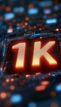 Glowing Digital Number 1K Sign on Futuristic Technology Background with Data Transferの素材