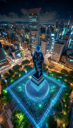 Aerial View of Illuminated Cityscape with Statue, Hiroshima Peace Memorial Park at Night, Japanの素材