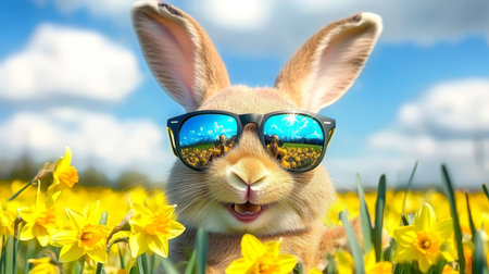 Adorable Easter Bunny Wearing Sunglasses Enjoys the Spring Sunshine in a Field of Yellow Daffodilsの素材