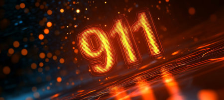 Bright Red Glowing Big Digital 3D Number 911 on a Futuristic Glittering Abstract Backgroundの素材