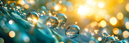 Sparkling Morning Dewdrops on Green Leaves, A Beautiful Green Background With Sunny Bokeh.の素材