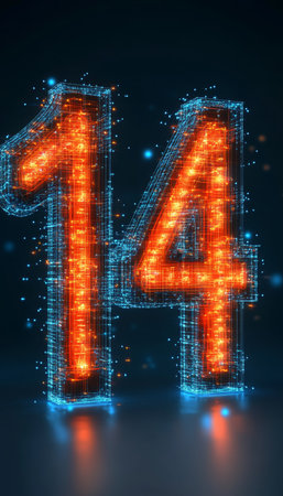 Glowing Neon Number Fourteen, 14, on a Dark Background with a Futuristic Technological Design.の素材