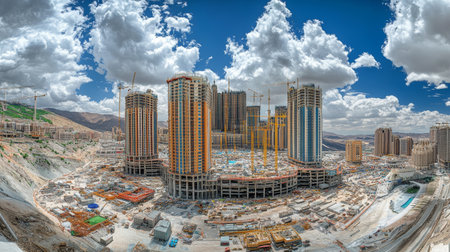Urban Expansion, New City Construction with Modern Skyscrapers and Development Projects Underway.の素材