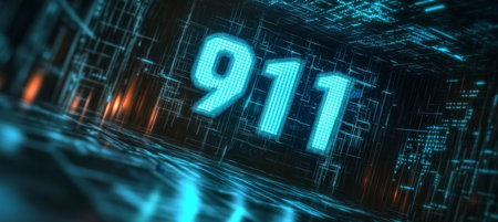 Large, glowing blue 911 digital representation emerges from complex computer circuitry.の素材