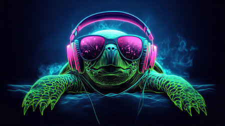 Neon Party Turtle DJ Cool Reptile with Headphones and Sunglasses, Emitting Music Vibesの素材