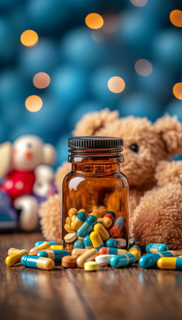 Pills And Spilled Bottle On A Wooden Floor., Close-Up, Child Safety Issues, Childhood Dangersの素材
