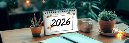 Calendar with year 2026 on notebook page, pot plant on table background for New Year conceptの素材