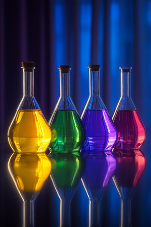 Four laboratory flasks with colorful solutions on a reflective surface, with copy space.の素材