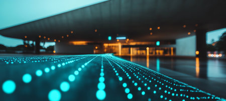 Abstract Blue Dots Pattern In Focus With A Blurred Futuristic Building In Background.の素材