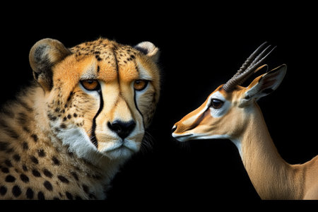 Cheetah and Impala A Captivating Study in Contrast, Wildlife Portrait on Black Backgroundの素材