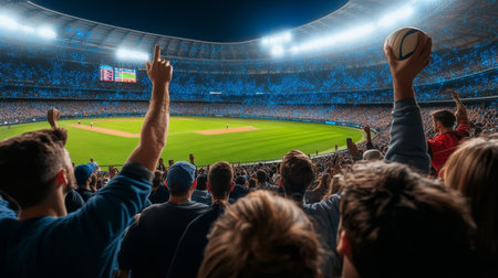 Night Stadium Crowd Celebration, Sports Fans Cheering With Excitement Under Digital Network Skyの素材