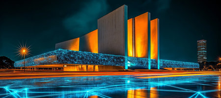 The National Congress Building Illuminated at Night with Digital Network Effect, Brasilia, Brazilの素材
