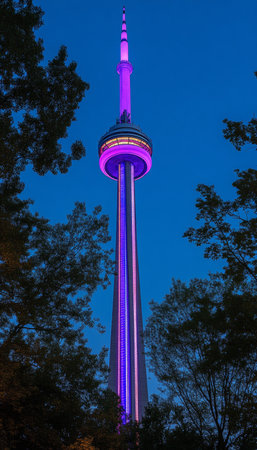 Toronto, Canada at Dusk - Communication Tower Illuminates City Skyline with Beautiful Purple Lightsの素材