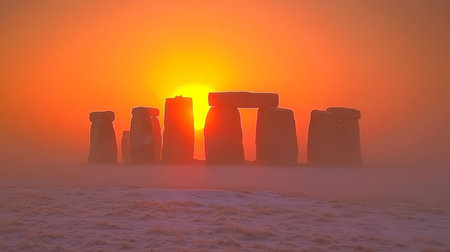 Ancient Stone Circle of Stonehenge at Sunrise on a Foggy Winter Morning, Wiltshire, Englandの素材