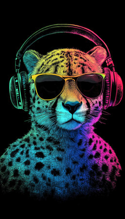 Cool Neon Party Cheetah Wearing Headphones and Sunglasses, Isolated on Black Backgroundの素材