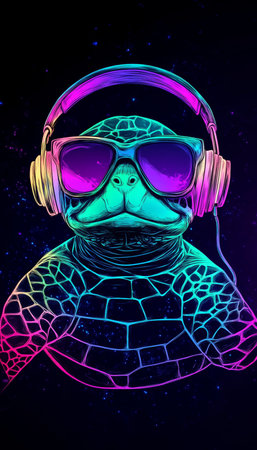 Neon Party Turtle DJ In Vibrant Colors Reptile with Headphones and Sunglasses Isolatedの素材
