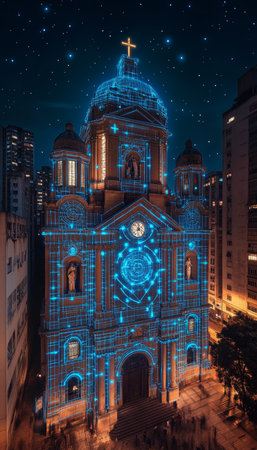 Historic Cathedral Illuminated with Futuristic Blue Dotted Outline, Sao Paulo, Brazilの素材