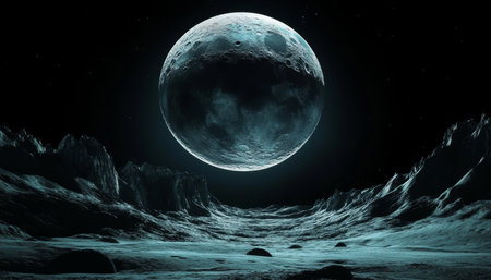 Blue Moon Rises Over Alien World A Breathtaking, Panoramic Space Landscape in 3D Render.の素材