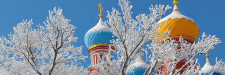 Colorful Domes of a Russian Orthodox Church Adorned with Fresh Snow, a Winter Wonderland Sceneの素材