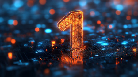 Glowing Futuristic Orange Digital Number One On Abstract Technology Background,3d Rendering.の素材