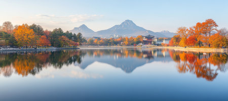 Autumn in Seoul, South Korea Serene reflections of Gyeongbokgung Palace and mountains.の素材