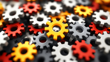 Vibrant Innovation A Top View of Colorful Gears Symbolizing Progress in Manufacturingの素材
