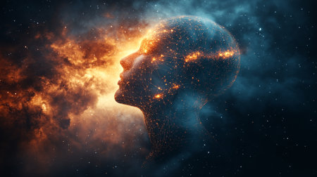 Cosmic Consciousness Network of Stars Forming a Human Head in Profile, Conceptual Art Pieceの素材