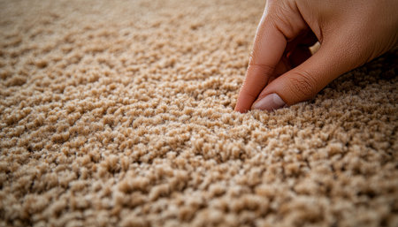 Close Up of Hand Touching Soft, Textured Carpet Fibers Comfort and Interior Design Conceptの素材