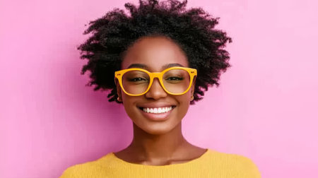 Portrait, happy, stylish young woman, afro, yellow glasses, smiling, vibrant pink background.の素材