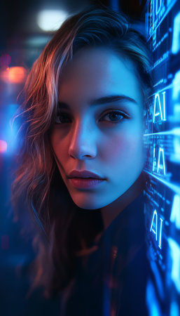 Portrait of a Young Woman in Futuristic Neon Light, Concept of Technology and Cyberpunk Culture.の素材