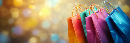 Vibrant Shopping Bags With Golden Bokeh, Retail And E- Commerce Banner With Festive Banner,の素材