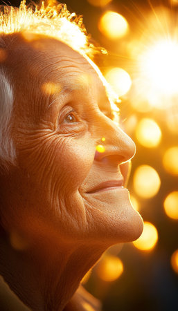 Golden Years, Joyful Heart Senior Woman s Uplifted Face in Warm Sunlight, Copy Spaceの素材