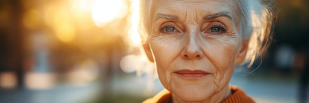 Close Up Of Elderly Woman s Expressive Face With Wrinkled Skin Illumintaed By Warm Sunlightの素材