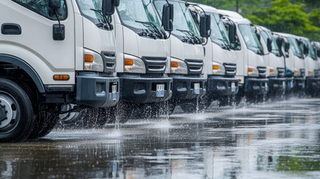 Fleet of New White Trucks, Angled Perspective on Wet Asphalt, Reflections, Transportation Industryの素材
