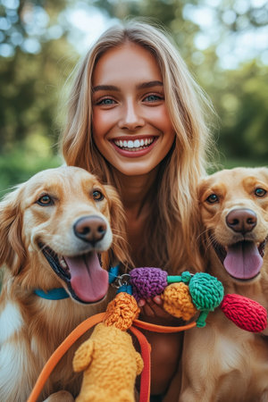 Portrait Of A Happy Young Woman With Two Golden Retriever Dogs And Colorful Toys In A Parkの素材