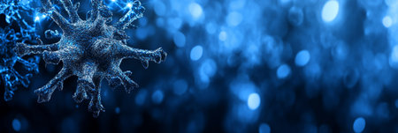 Abstract 3D Rendered Virus, Bacteria, or Microbe Floating on Blue Background with Bokehの素材