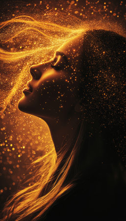 Cosmic Beauty Woman s Silhouette Adorned with Flowing Golden Particles, Conceptual Art Portraitの素材